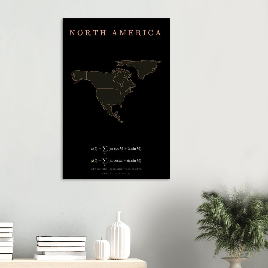 North America map drawn by 4096 rotating circles, salmon line art on a matte poster (6)
