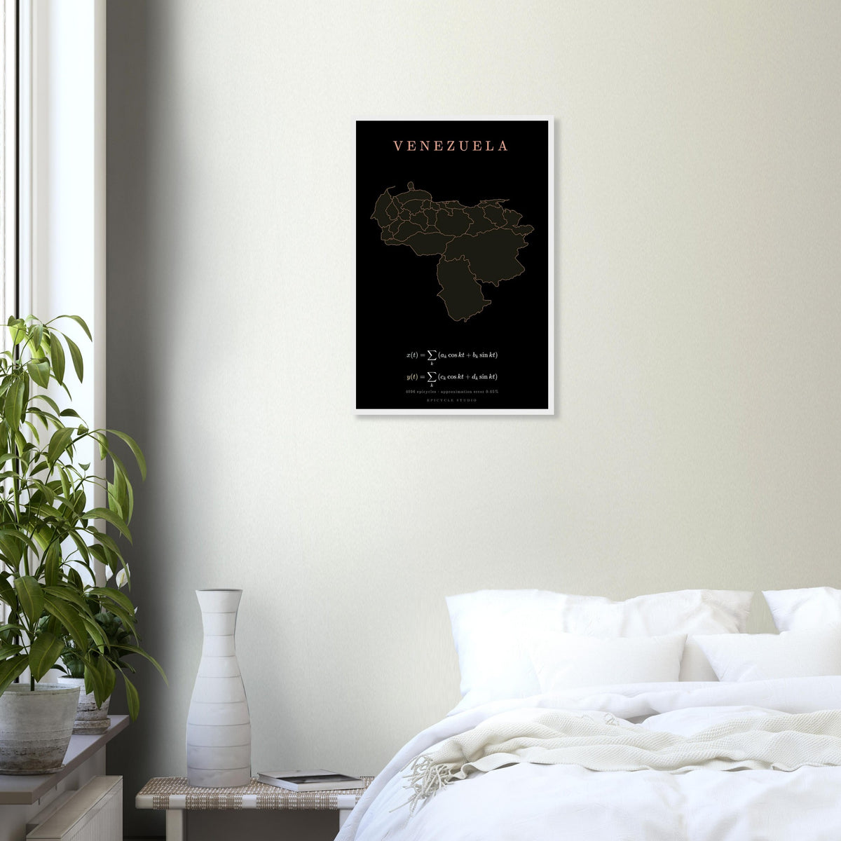 Venezuela map drawn by 4096 rotating circles, salmon line art on a framed poster (9)