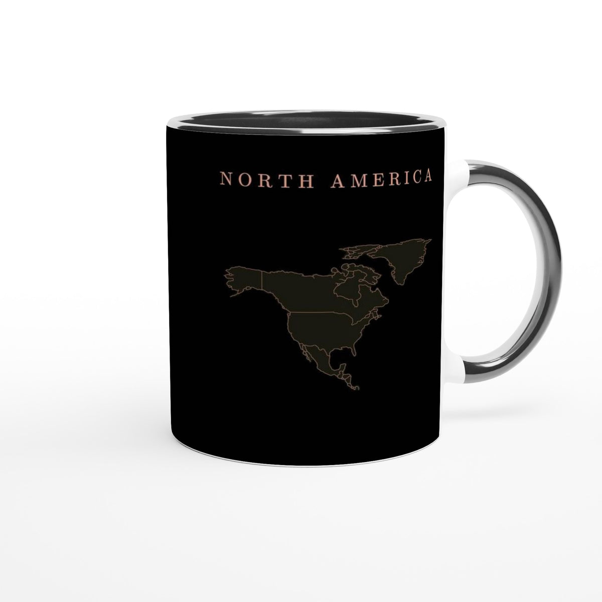 North America map drawn by 4096 rotating circles, salmon line art on a black mug (3)