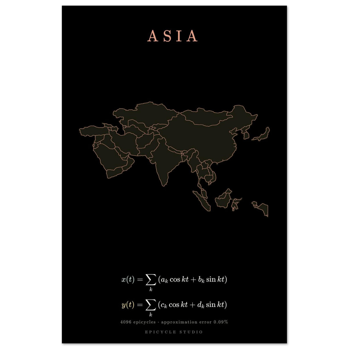 Asia map drawn by 4096 rotating circles, salmon line art on a matte poster (2)