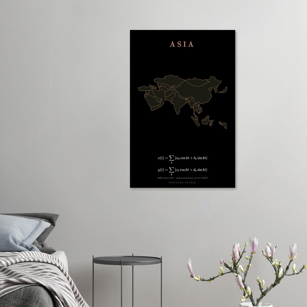 Asia map drawn by 4096 rotating circles, salmon line art on a matte poster (5)