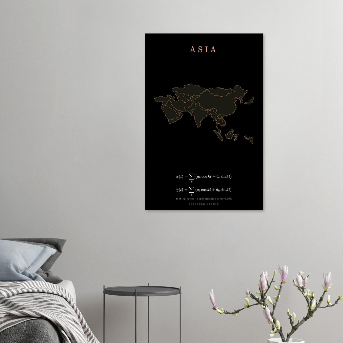 Asia map drawn by 4096 rotating circles, salmon line art on a matte poster (5)